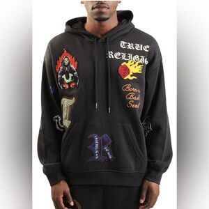 True Religion Black Hoodie with Colorful Patches